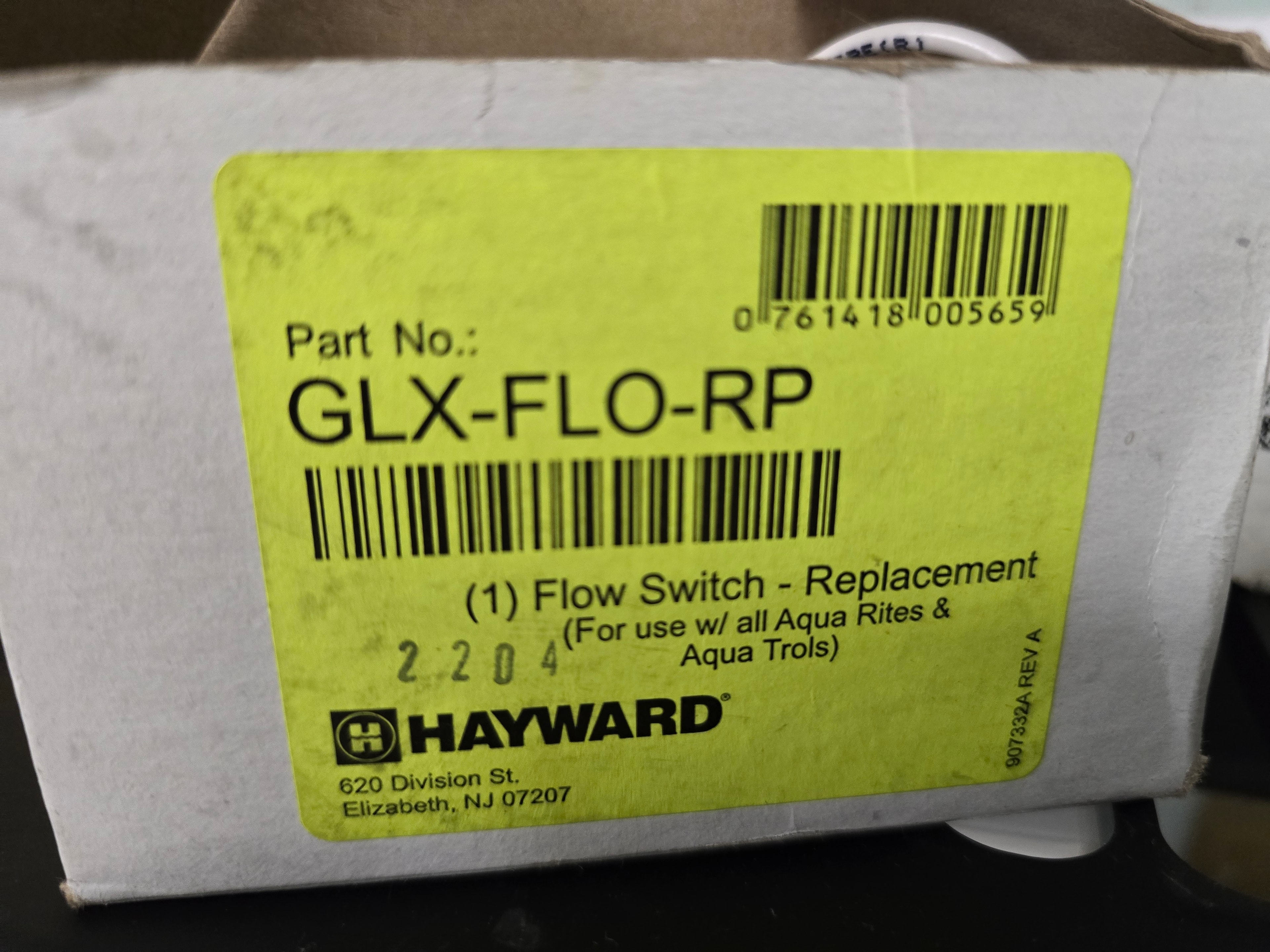 Hayward GLX-FLO-RP replacement flow switch OEM package label