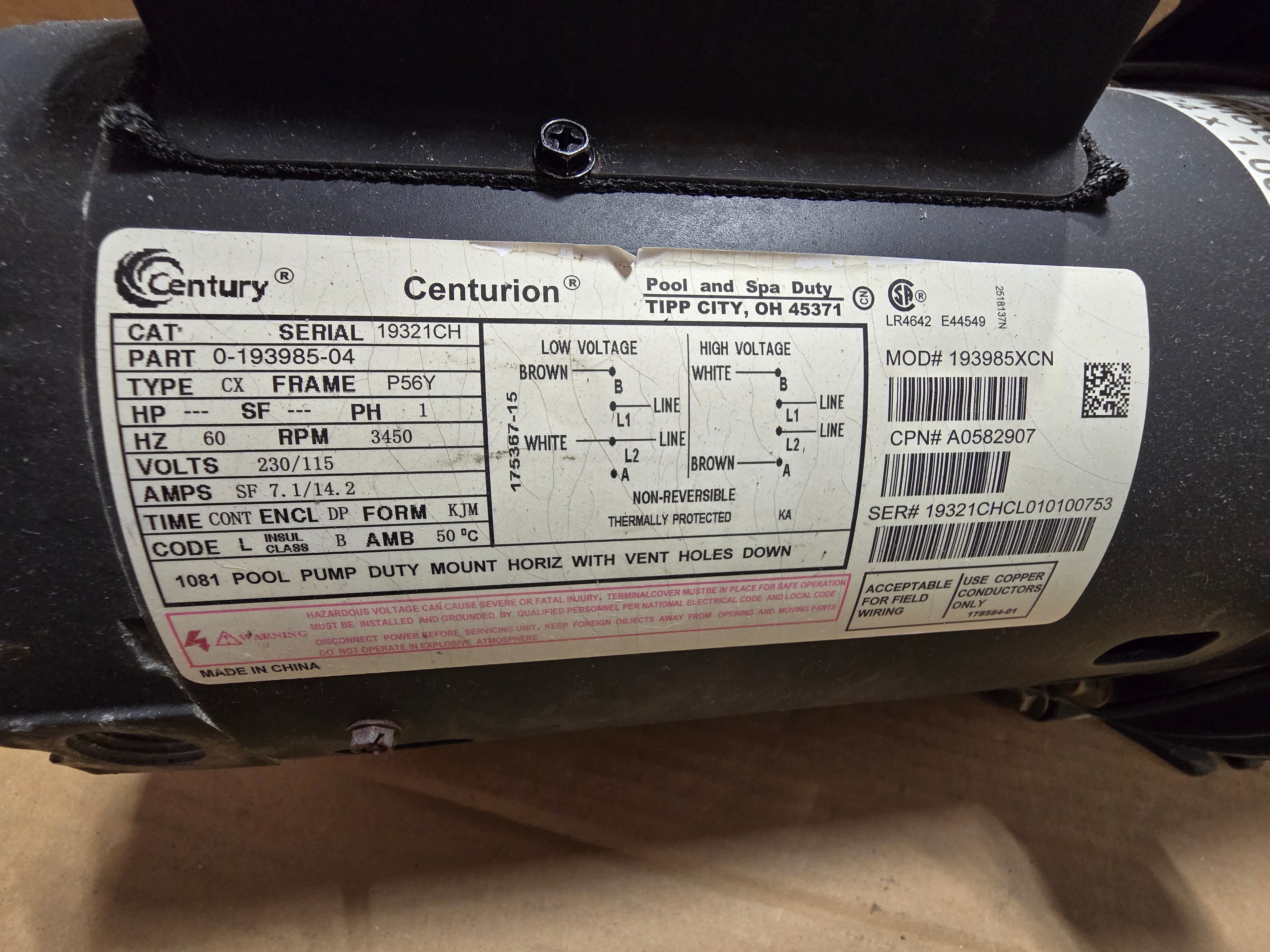 Century motor nameplate label on Jandy FloPro pump
