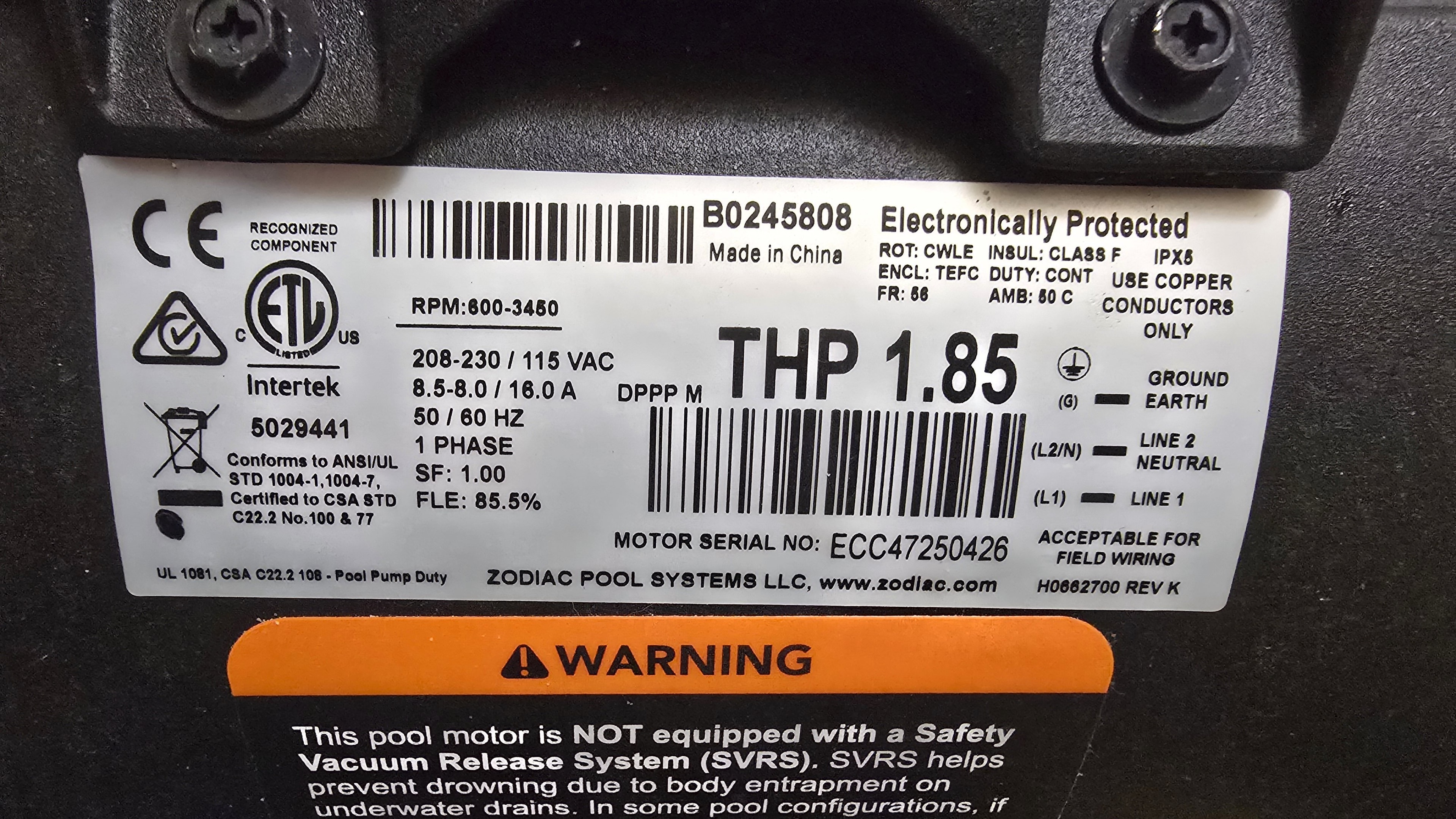 Jandy VS FloPro DV2A motor nameplate showing 1.85 THP serial number
