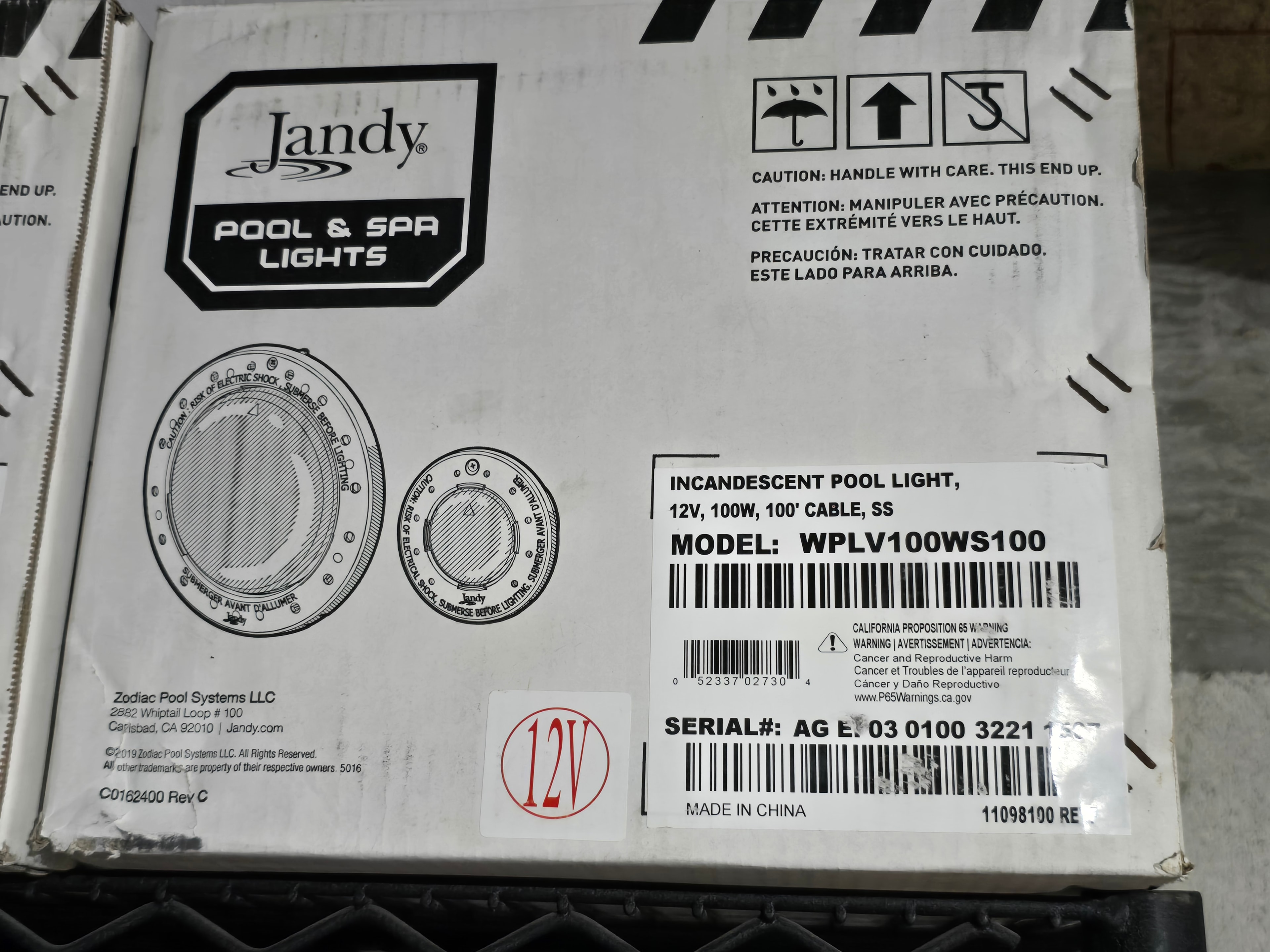 Jandy WPLV100WS100 Incandescent Pool Light — 100W, 12V, 100 ft Cord, S.S. Face Ring