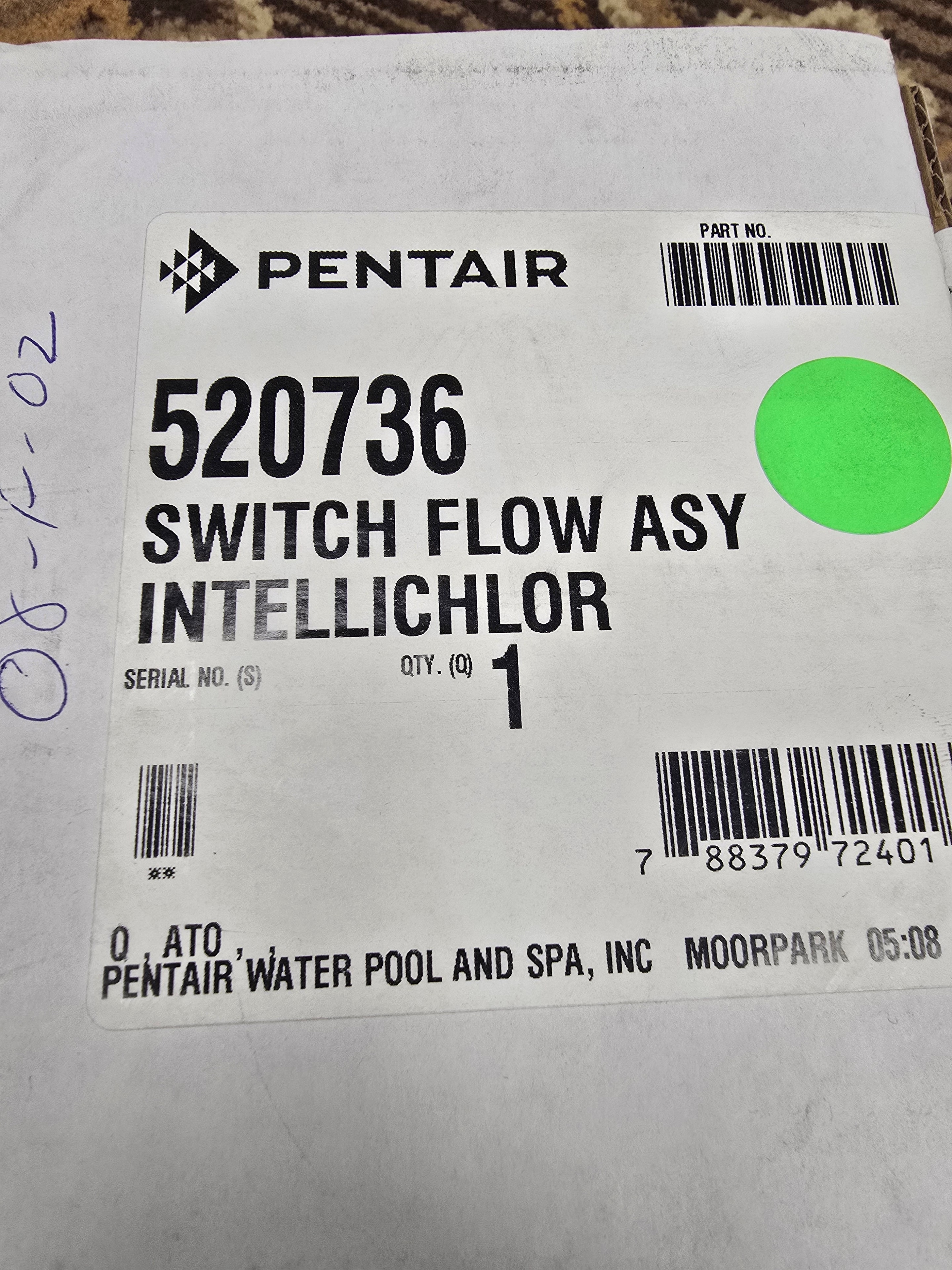 Pentair 520736 IntelliChlor Flow Switch outer box label showing part number