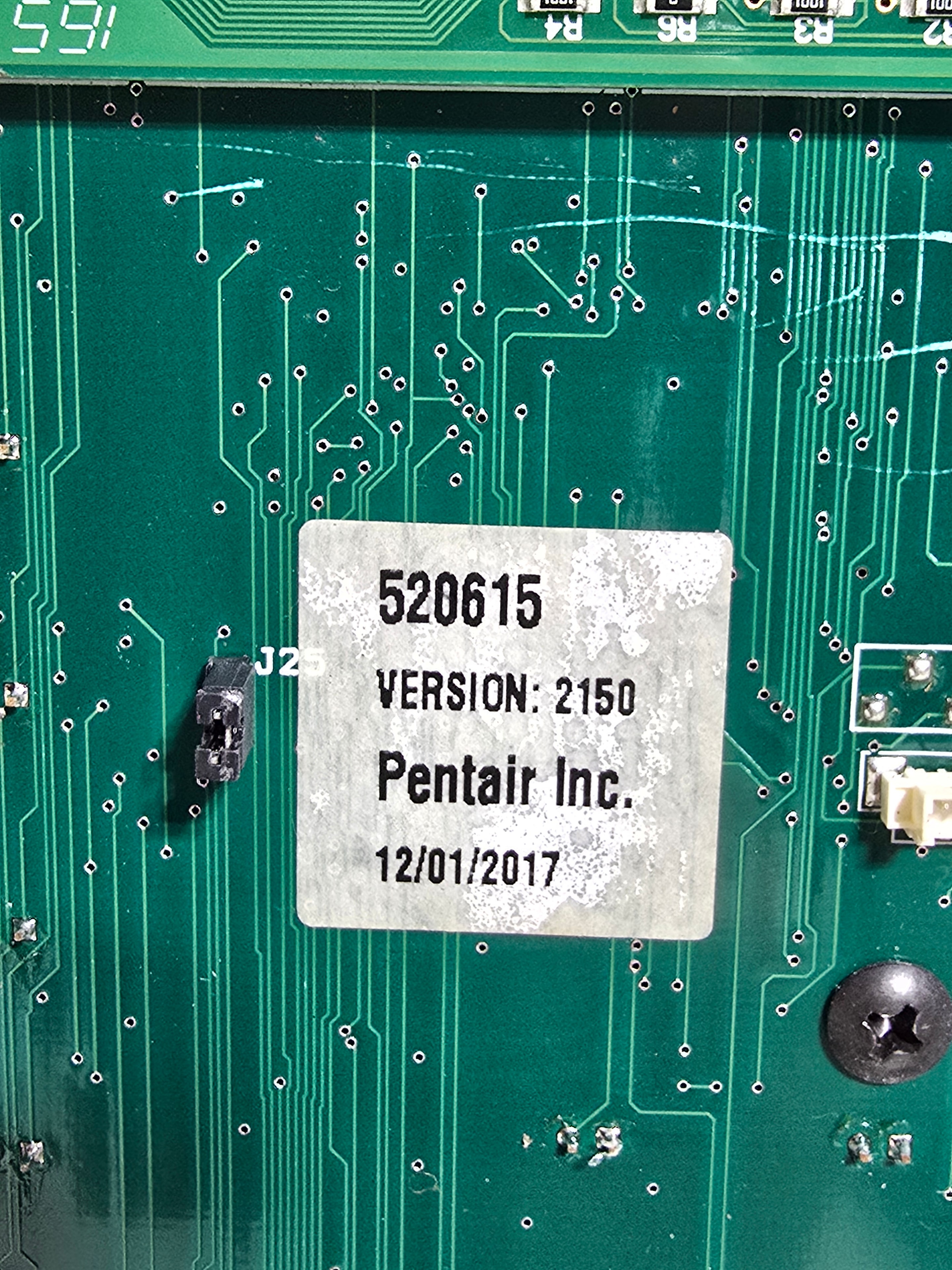 Pentair ComPool 521107 board label close-up — part 520615, VERSION: 2150, Pentair Inc., dated 12/01/2017