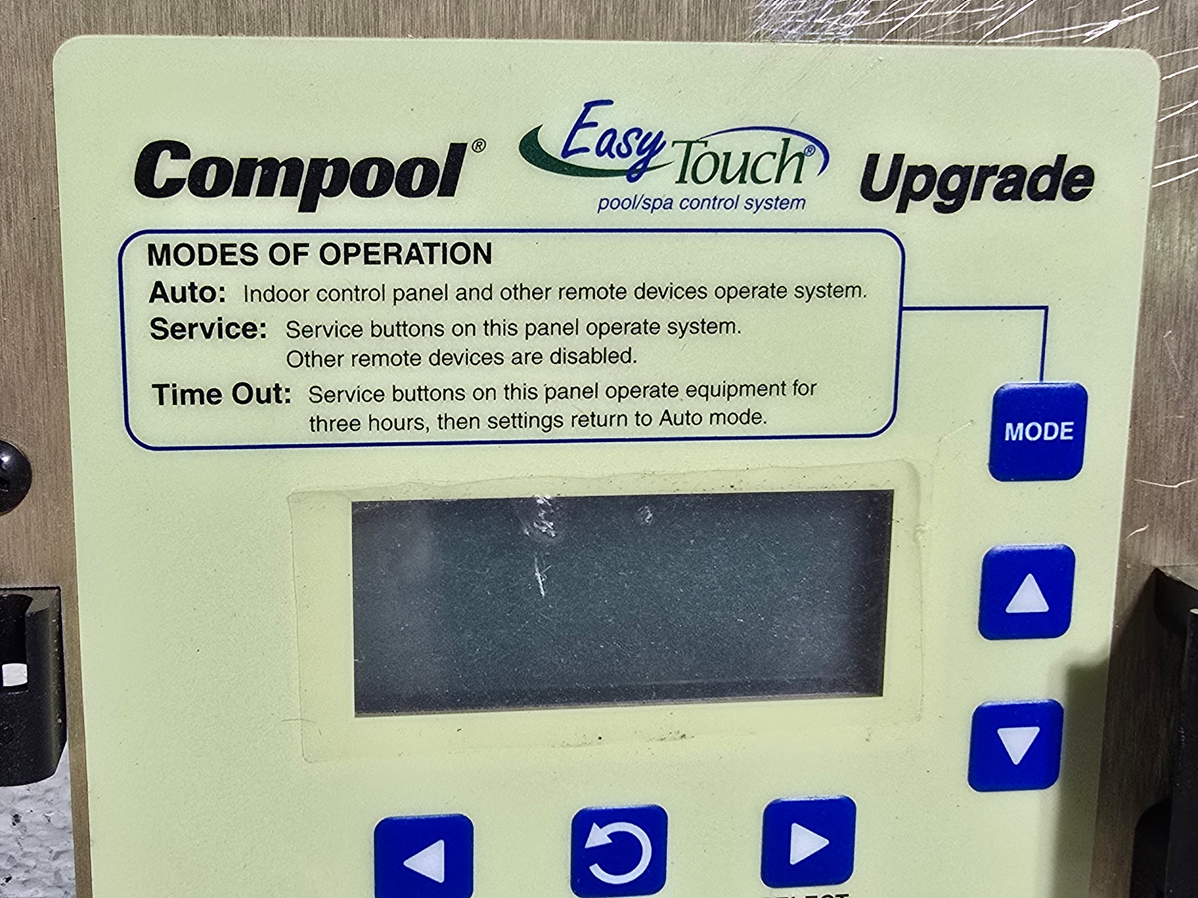 Pentair ComPool EasyTouch Upgrade Kit 521107 — close-up of upper panel face showing LCD display, MODE button, and Compool EasyTouch Upgrade branding