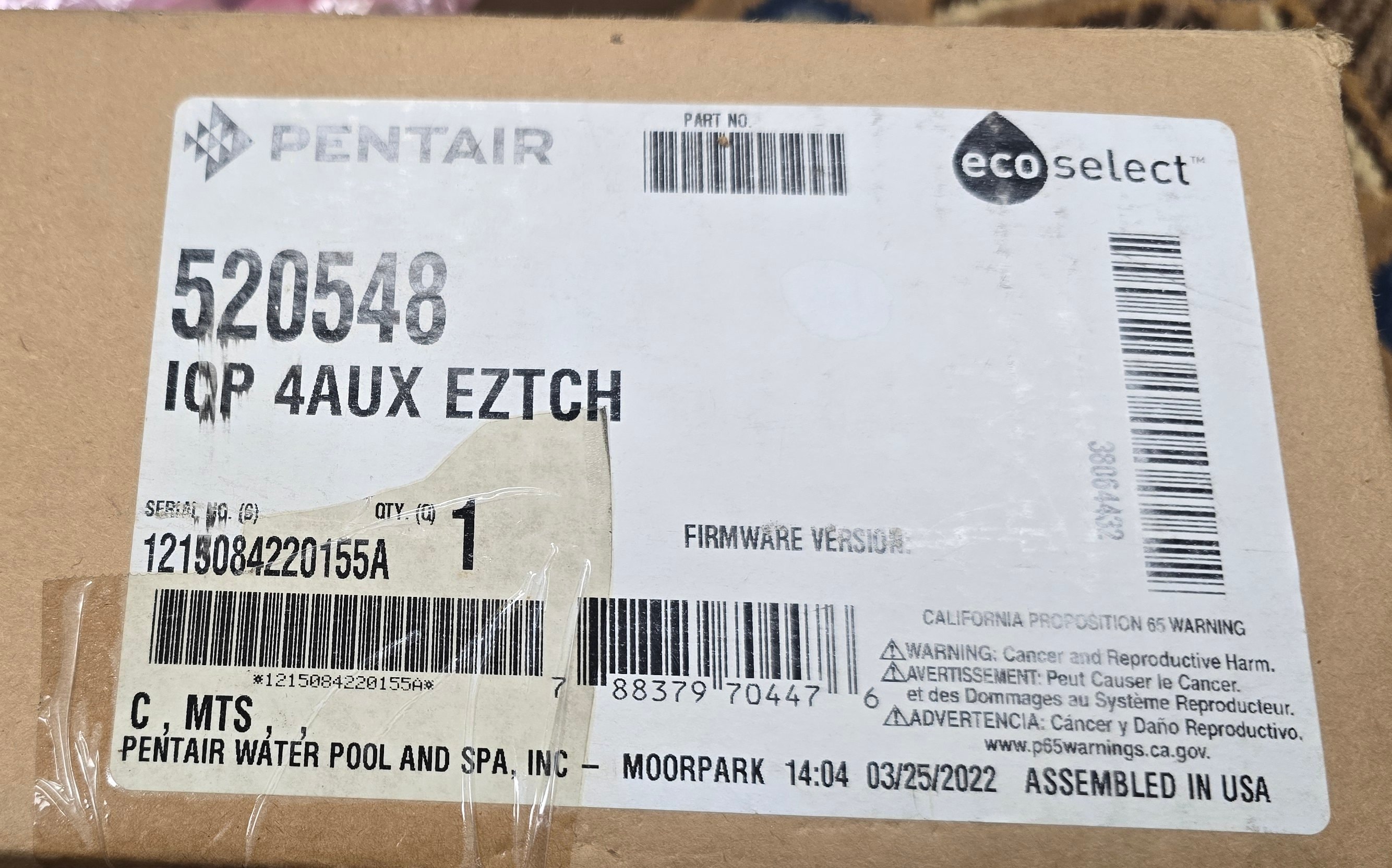 Pentair EasyTouch 520548 original package label showing part number and UPC