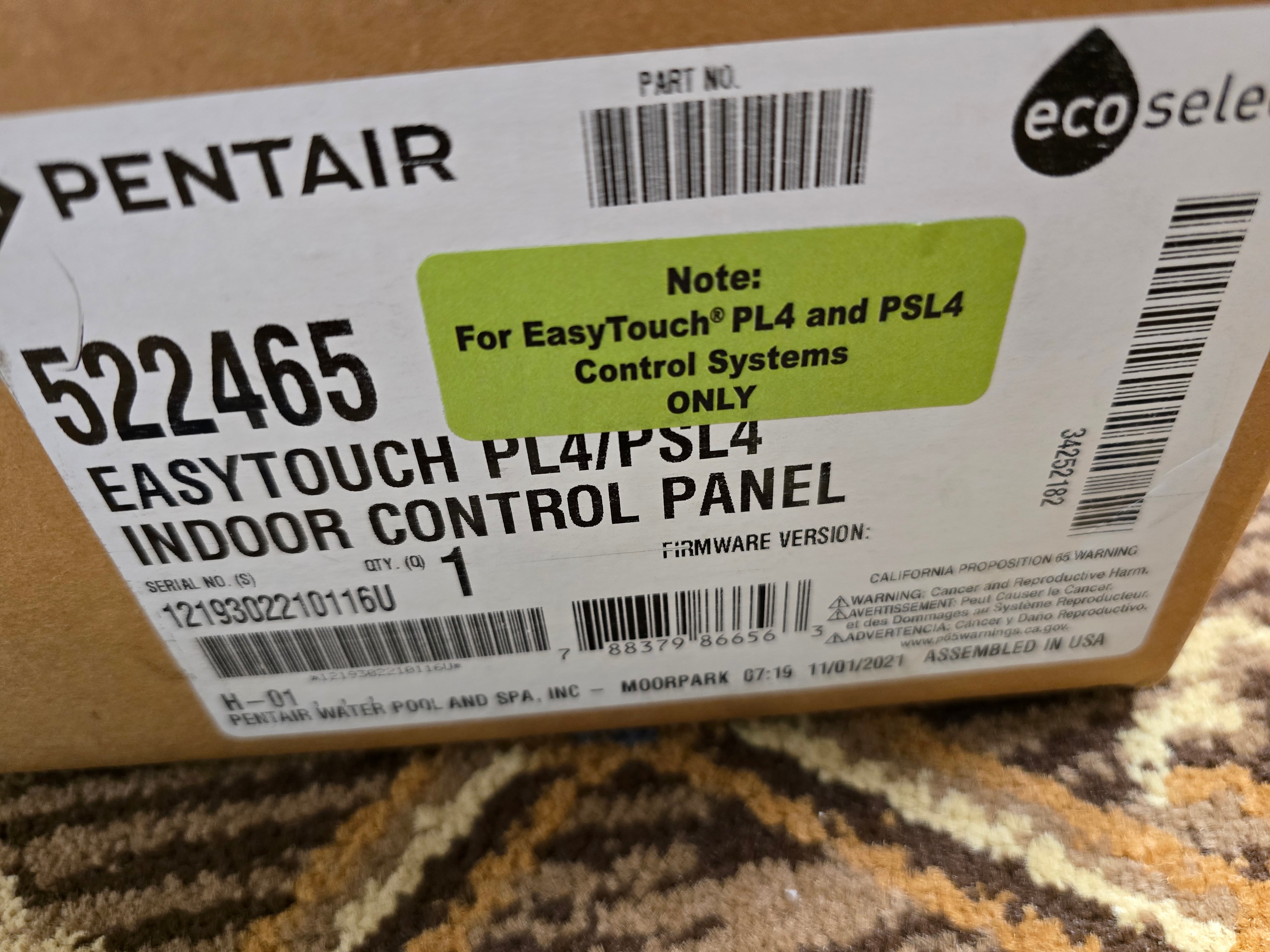 Pentair EasyTouch 522465 package label showing PL4 and PSL4 compatibility and UPC