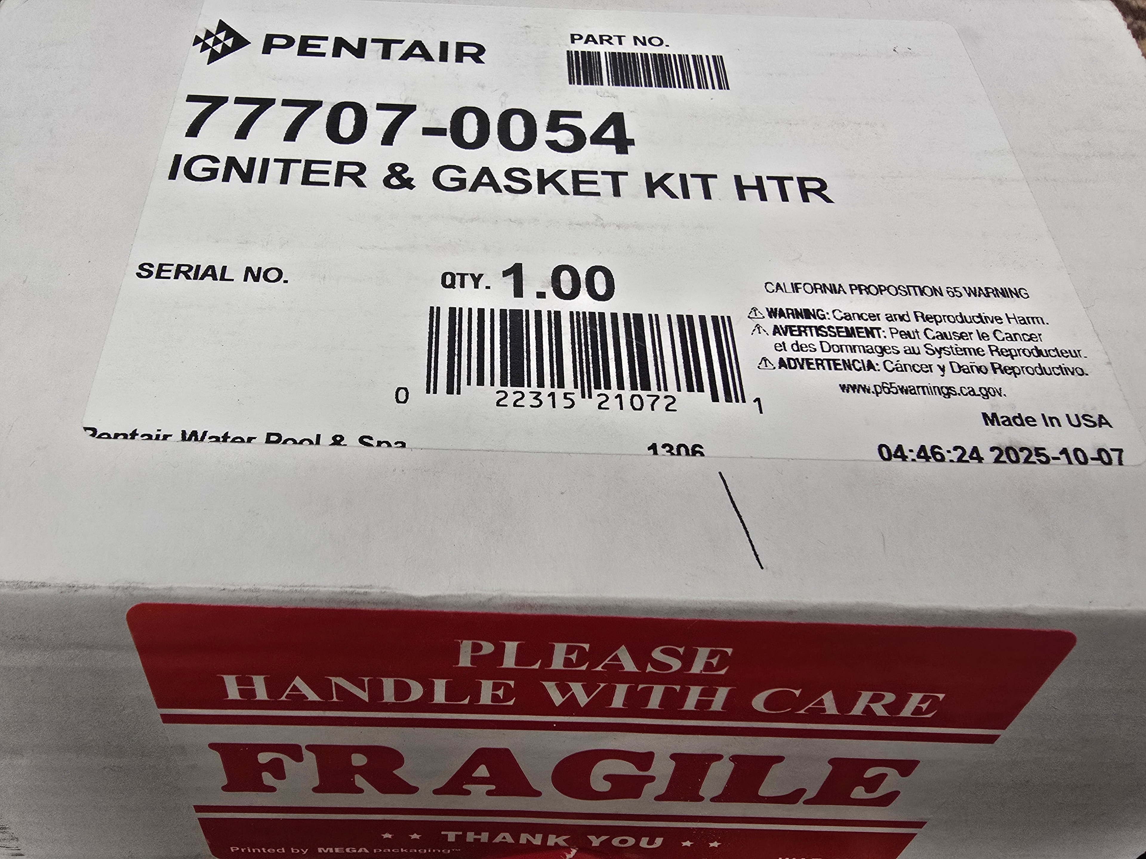 Pentair 77707-0054 outer box label showing part number