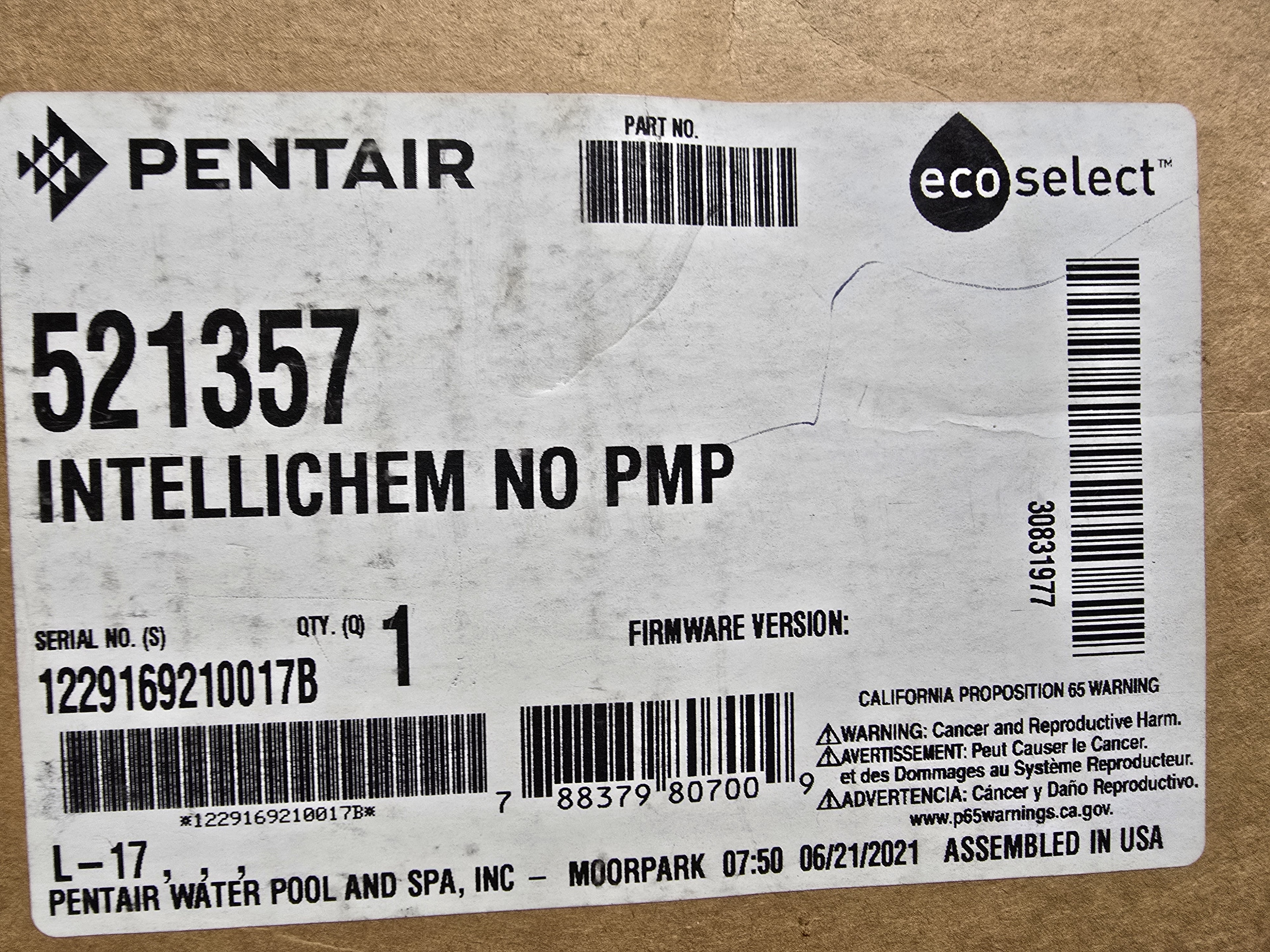 Pentair IntelliChem 521357 box label — P/N 521357, UPC 788379807009, assembled in USA