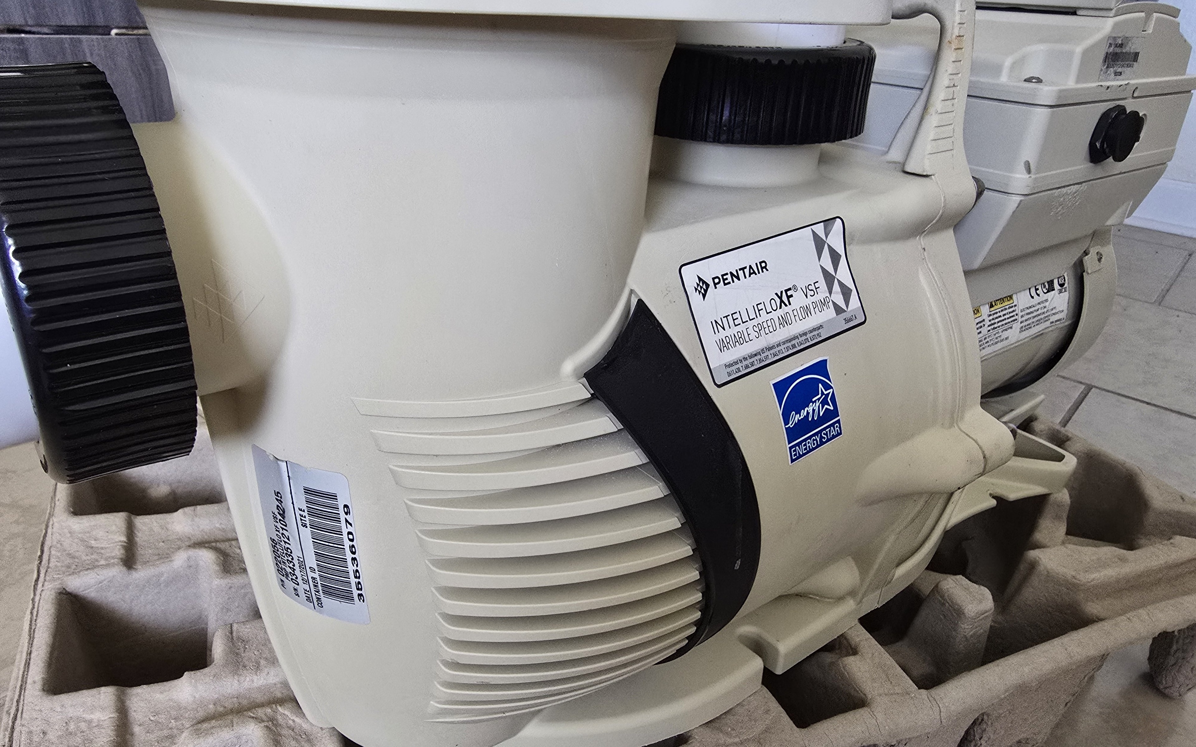 Pentair IntelliFloXF VSF 022056 — left front angle showing Energy Star label and plumbing connections