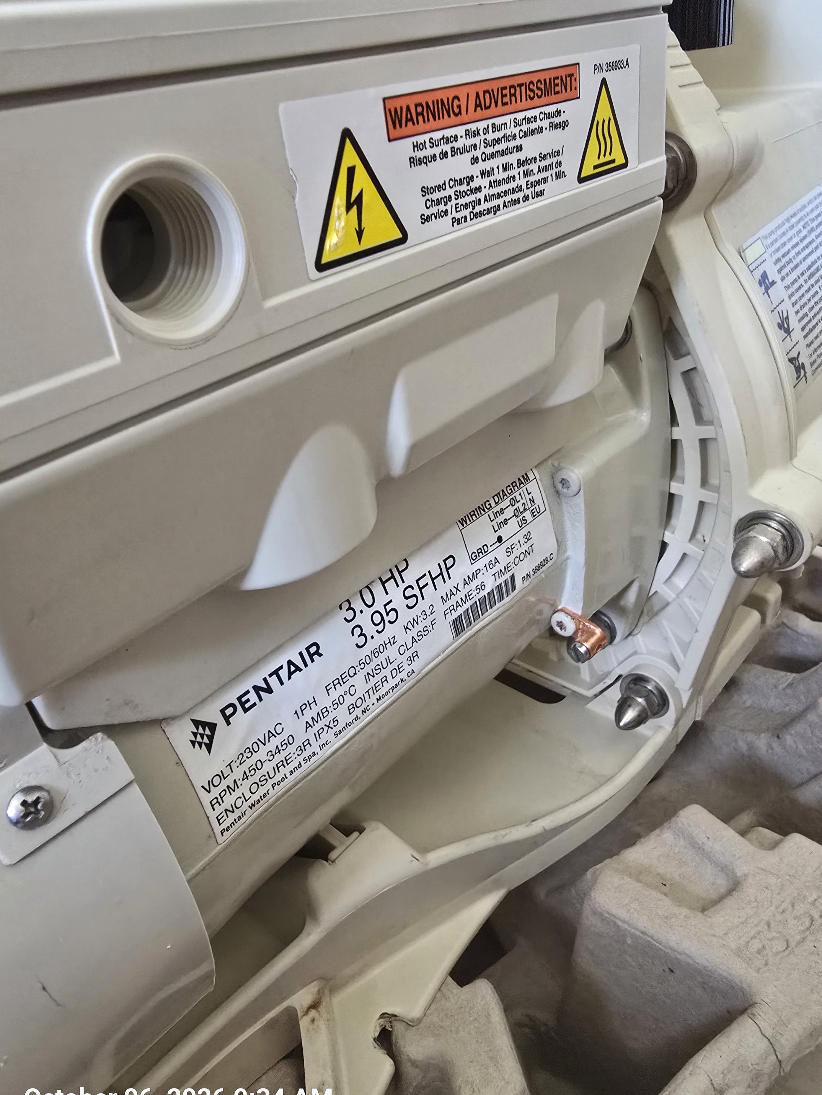 Pentair IntelliFloXF VSF 022056 — motor spec plate showing 3.0 HP / 3.95 SFHP ratings