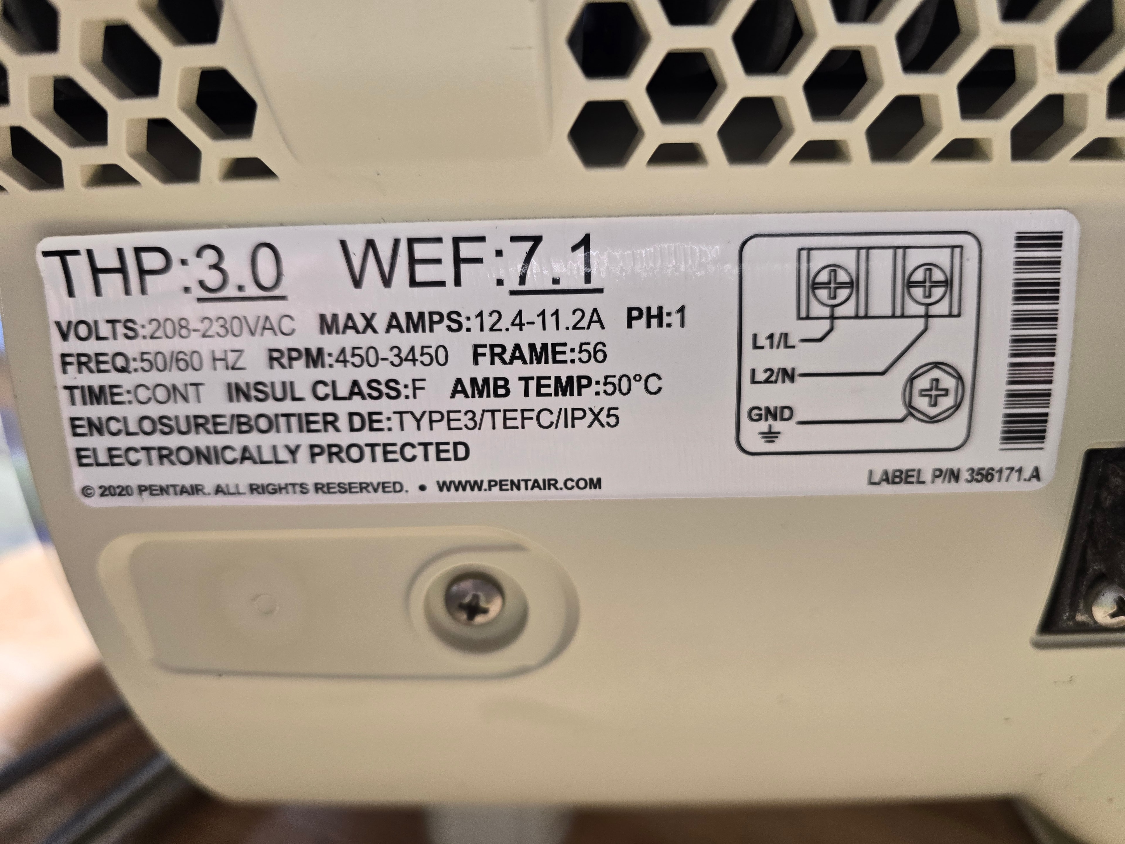 Pentair IntelliFlo3 VSF 3.0 THP pool pump (011075) — specs label THP 3.0 WEF 7.1
