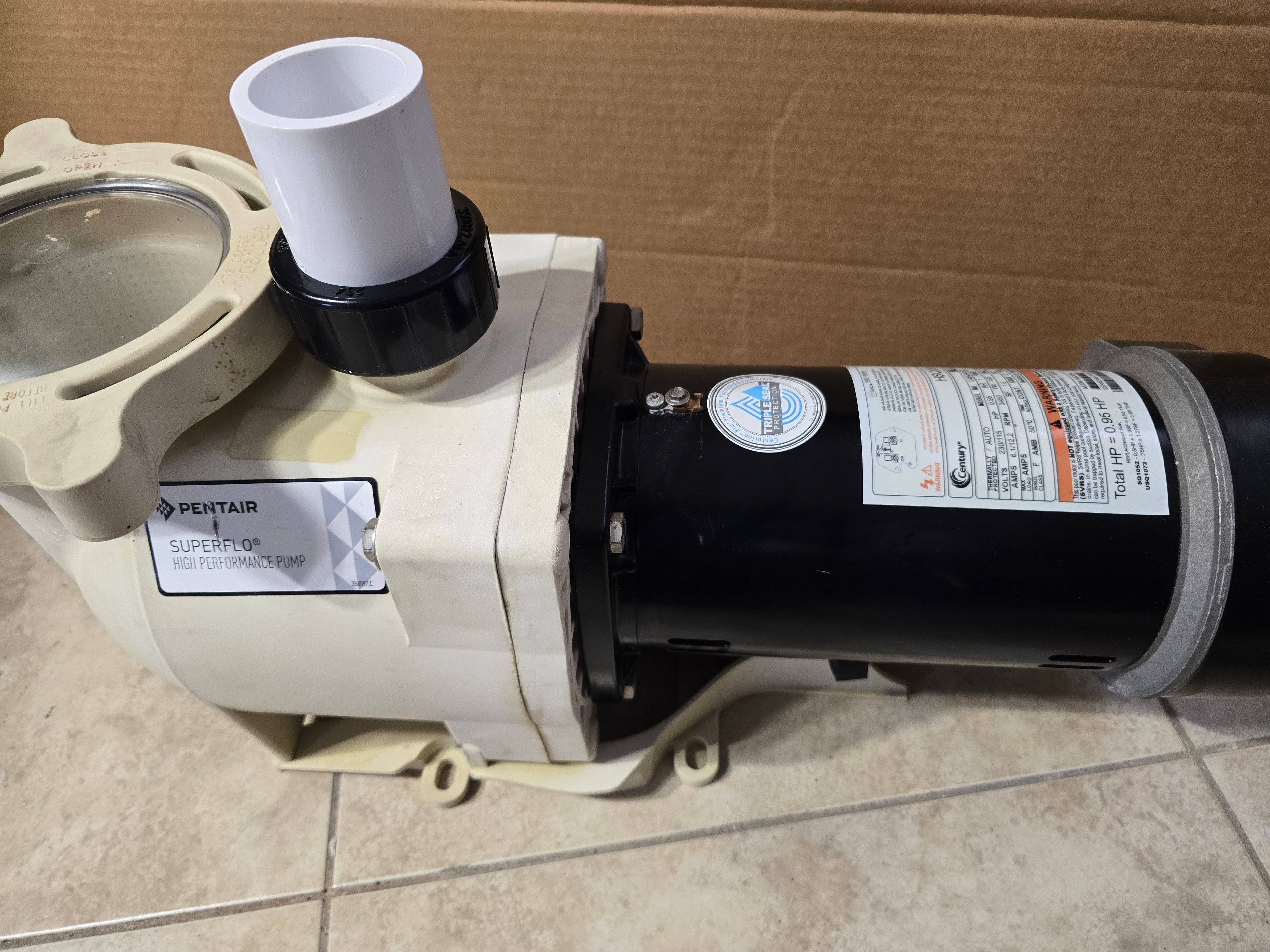 Pentair SuperFlo 340037 renewed pump — angle view showing housing and motor