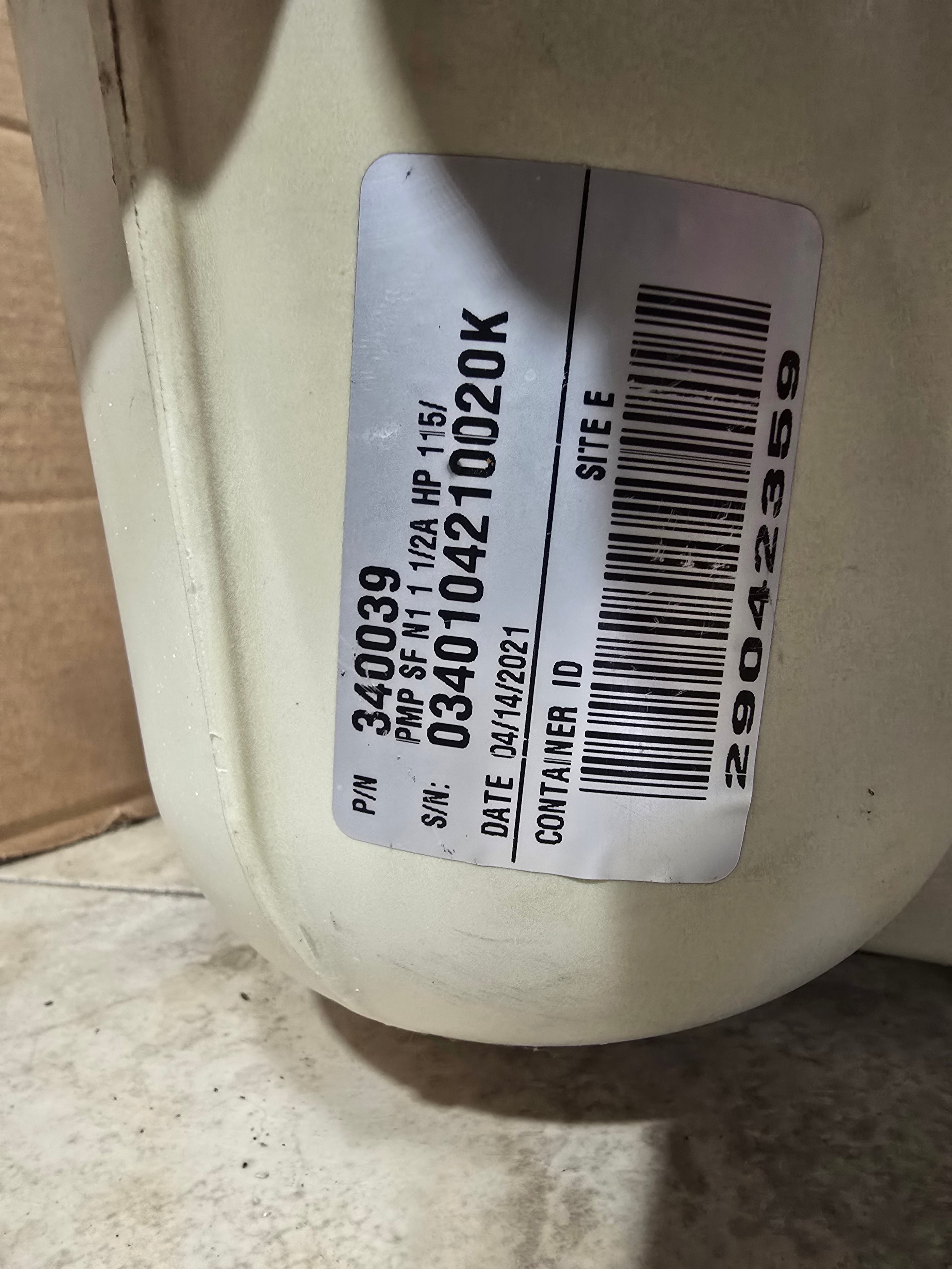 Pentair SuperFlo pump label — P/N 340037, manufactured 04/14/2021