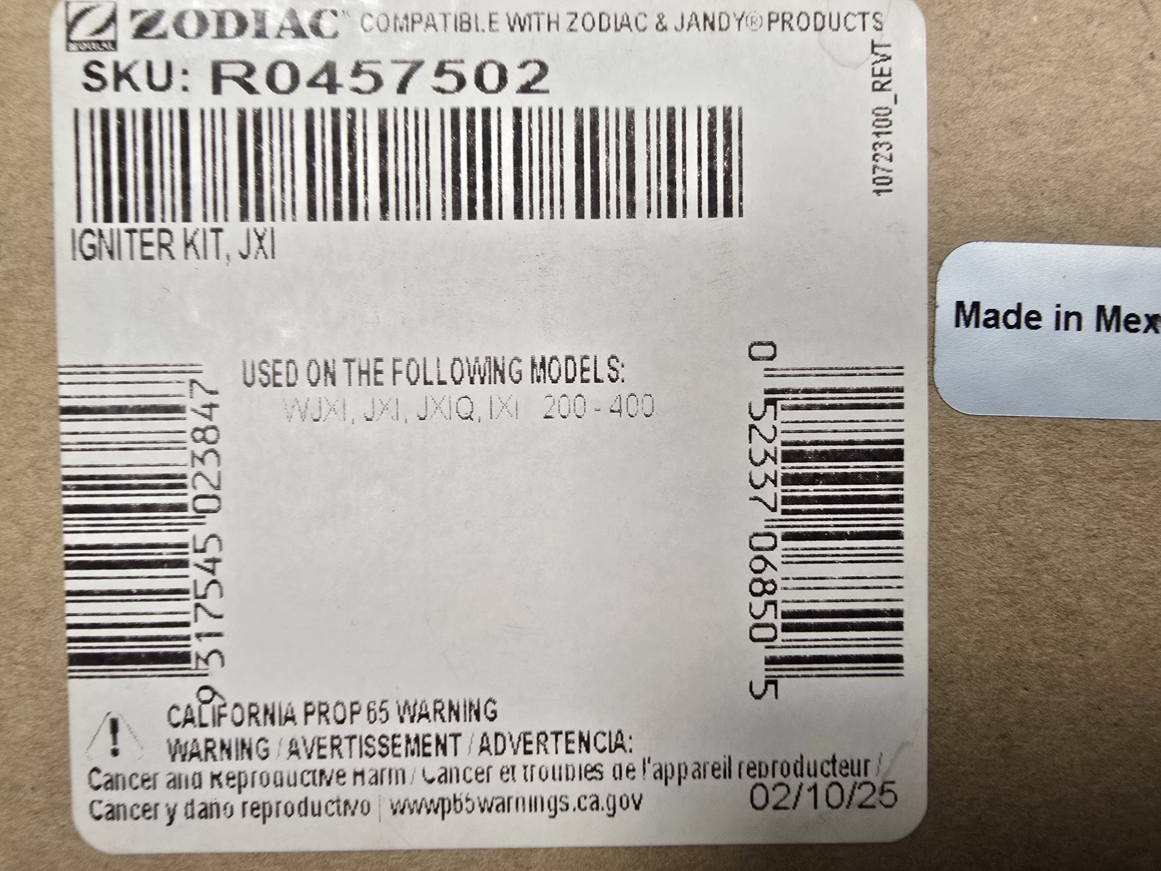 Zodiac Jandy R0457502 JXi igniter kit outer box label showing part number and model compatibility